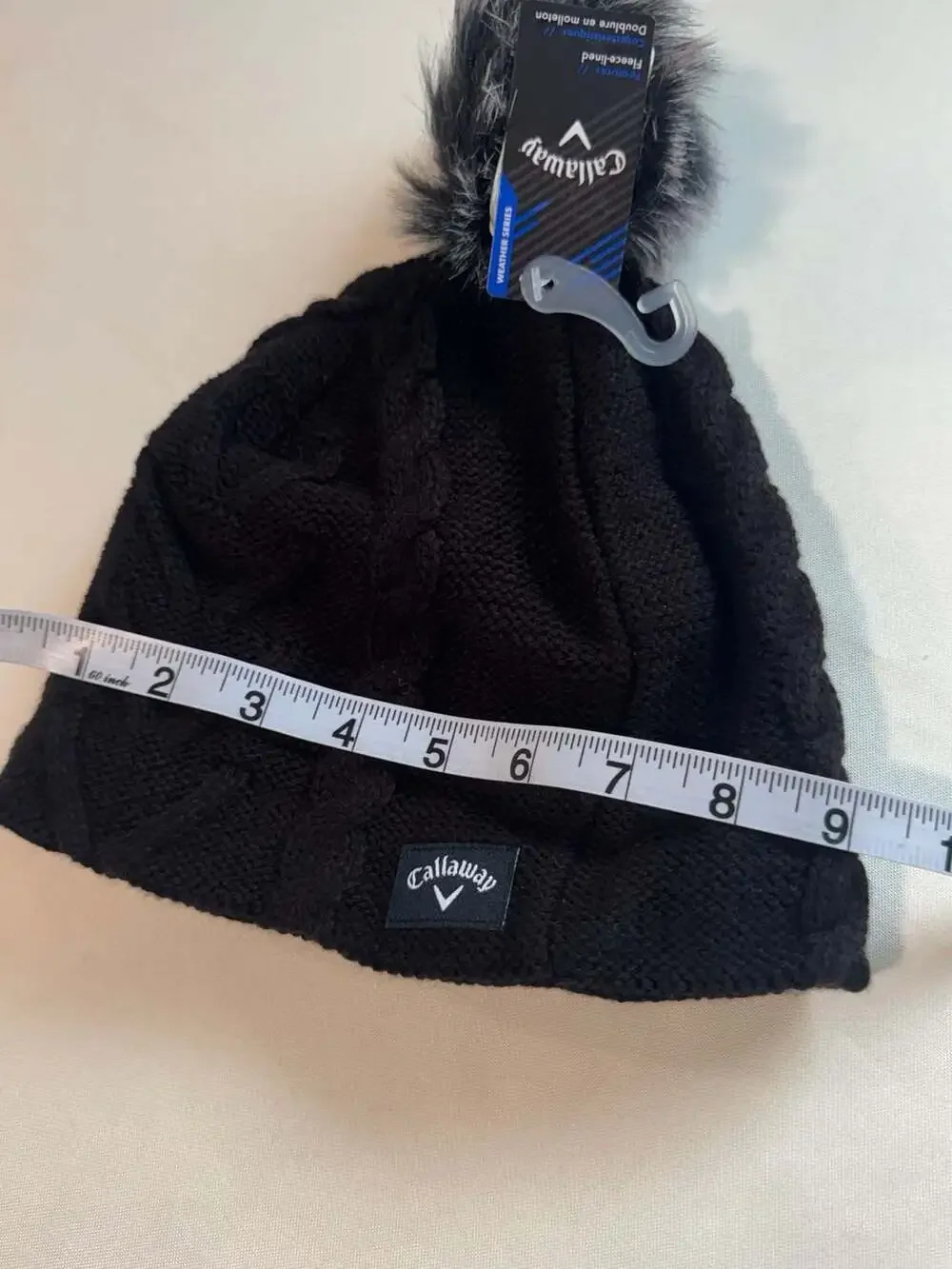 Women’s Black Cable Knit Pom Pom Beanie Fleece Lined Après Ski Cozy Winter NWT